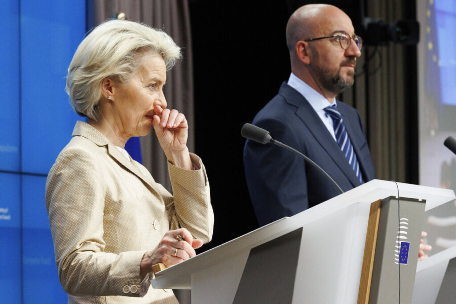 European Commission President Ursula von der Leyen, left, and European Council President Charles Michel attend a news conference after the second day's session of an extraordinary meeting of EU leaders to discuss Ukraine, energy and food security at the Europa building in Brussels, Tuesday, May 31, 2022. (AP Photo/Olivier Matthys)