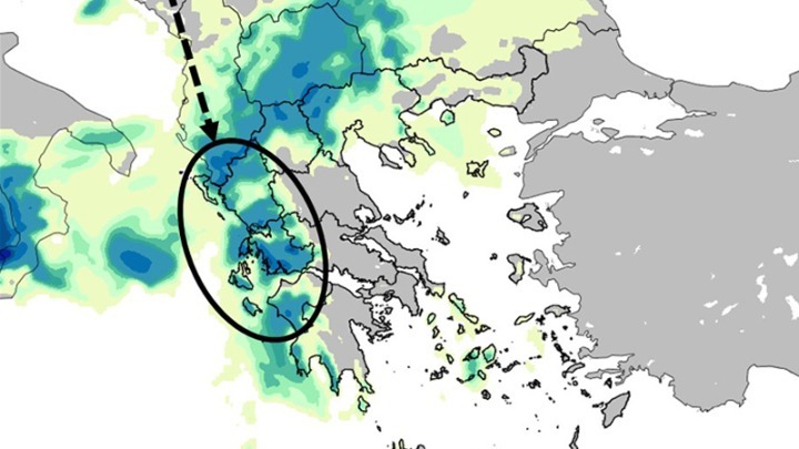 Προγνωστικός χάρτης, όπου αποτυπώνονται οι εκτιμώμενες αθροιστικές βροχοπτώσεις μέχρι αργά το βράδυ της Παρασκευής 29/11