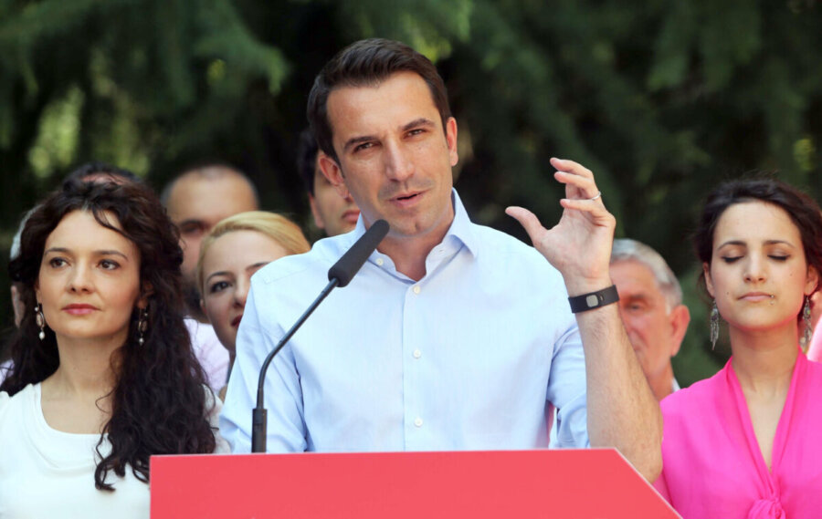 Erion Veliaj of the governing left wing Socialist Party-led coalition speaks to supporters after being elected as Tiranas new mayor Tuesday, June 23, 2015. The post was kept from the main opposition Democratic Party leader Lulzim Basha, and is seen as key in boosting Albania's bid to launch membership negotiations with the European Union.  (AP Photo/Hektor Pustina)